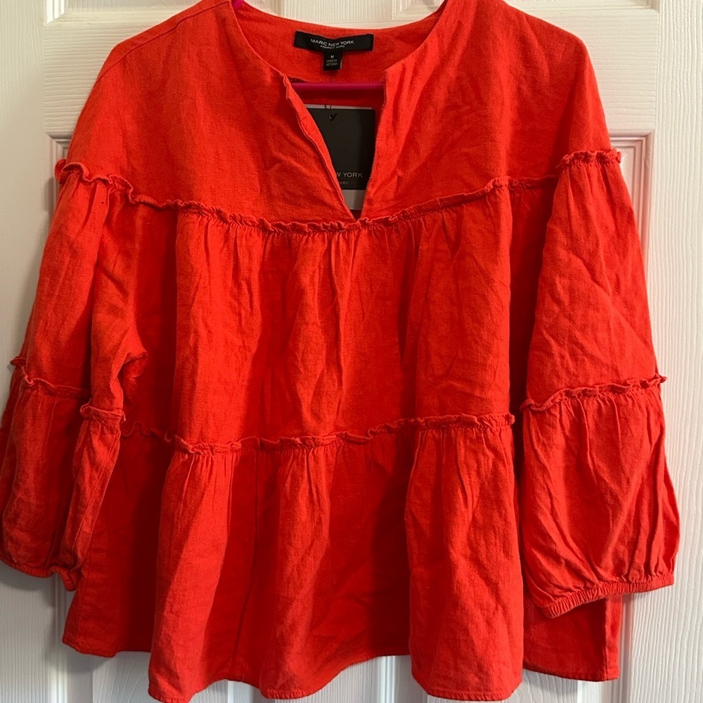 Marc New York Orange / Red 3/4 Sleeve Linen Blouse NWT Size Medium - Picture 1 of 3